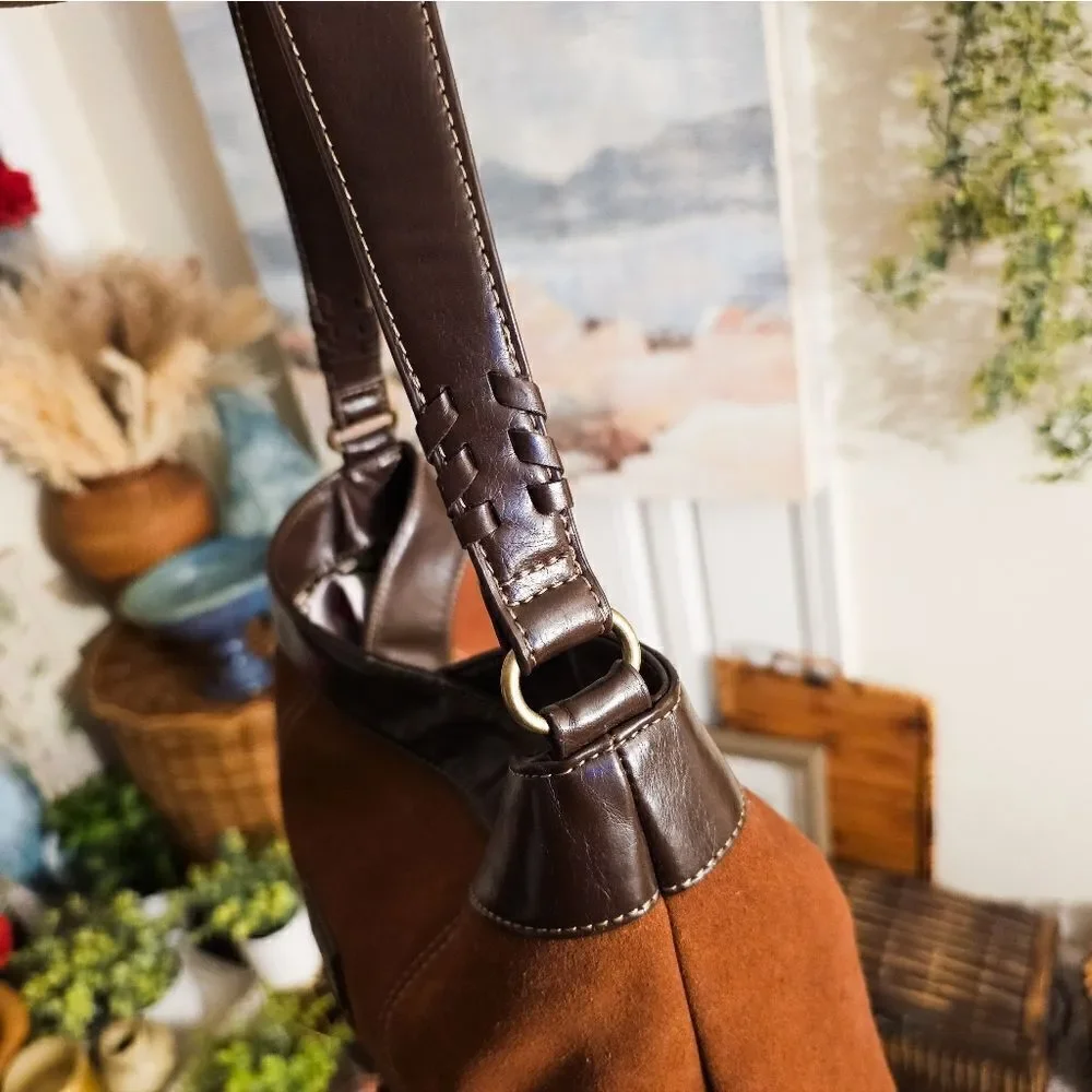 Tignanello Brown Suede Stylish Hobo Handbag.